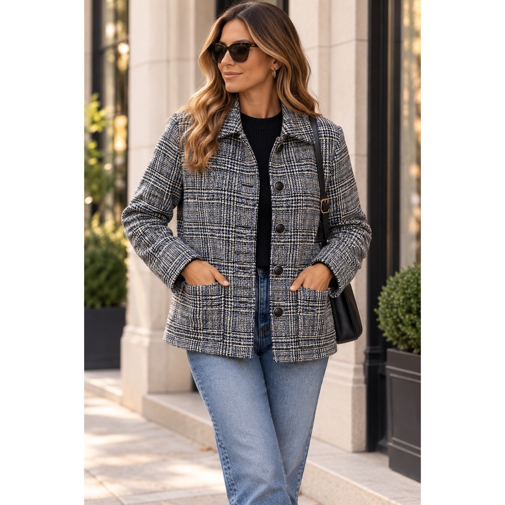 Lafayette 148 New York Wool Plaid Tweed Jacket Blazer Black Blue Cream Size 10